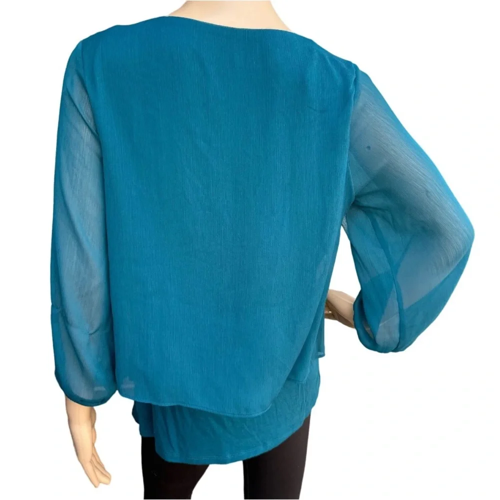 Apt. 9 Layered V-Neck Women’s Top M Teal NWT Pullover Sheer Sleeve Casual
